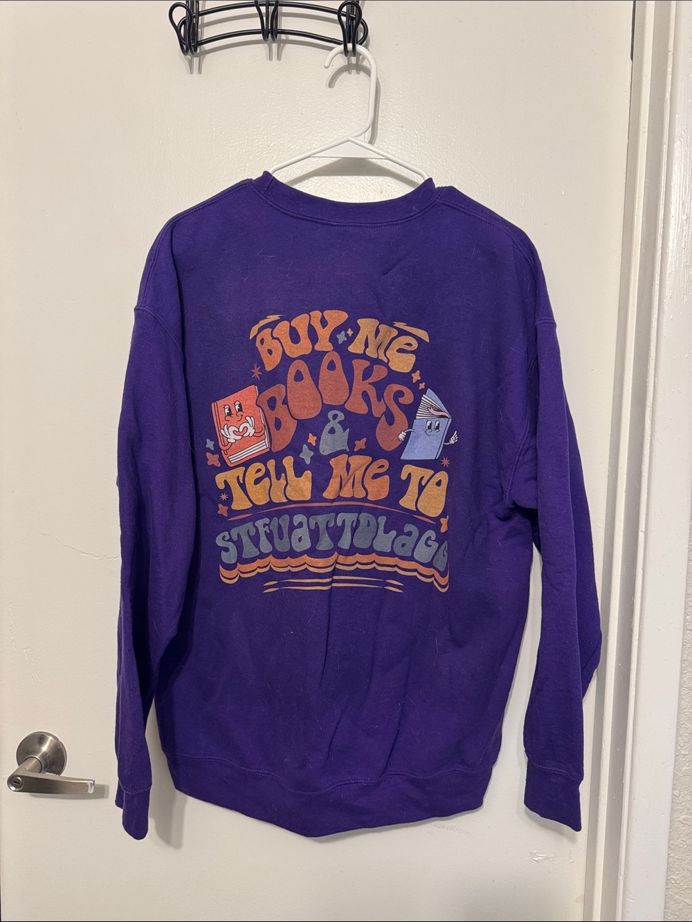 Gildan Purple Crewneck Sweatshirt with Orange & Light Blue Graphic